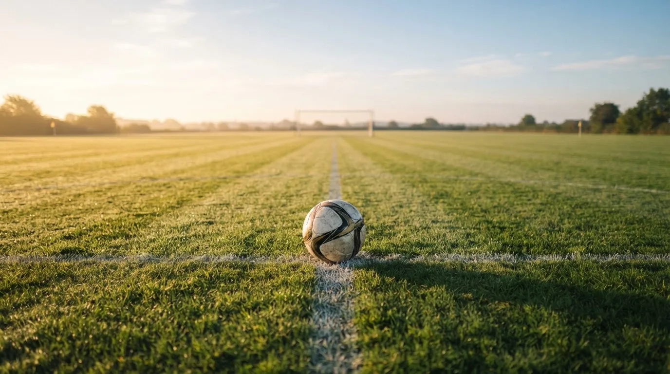 Ein Fußball liegt auf dem Anstoßkreis eines leeren Rasenplatzes im Licht der Morgensonne.