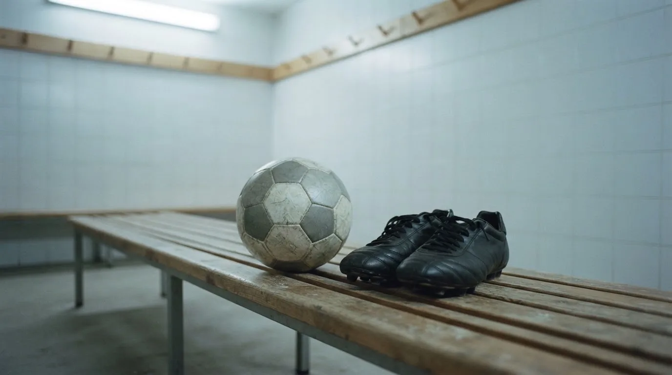 Ein Fußball liegt neben einem Paar Fußballschuhen ohne Markenzeichen auf einer Holzbank in einer leeren Umkleide.