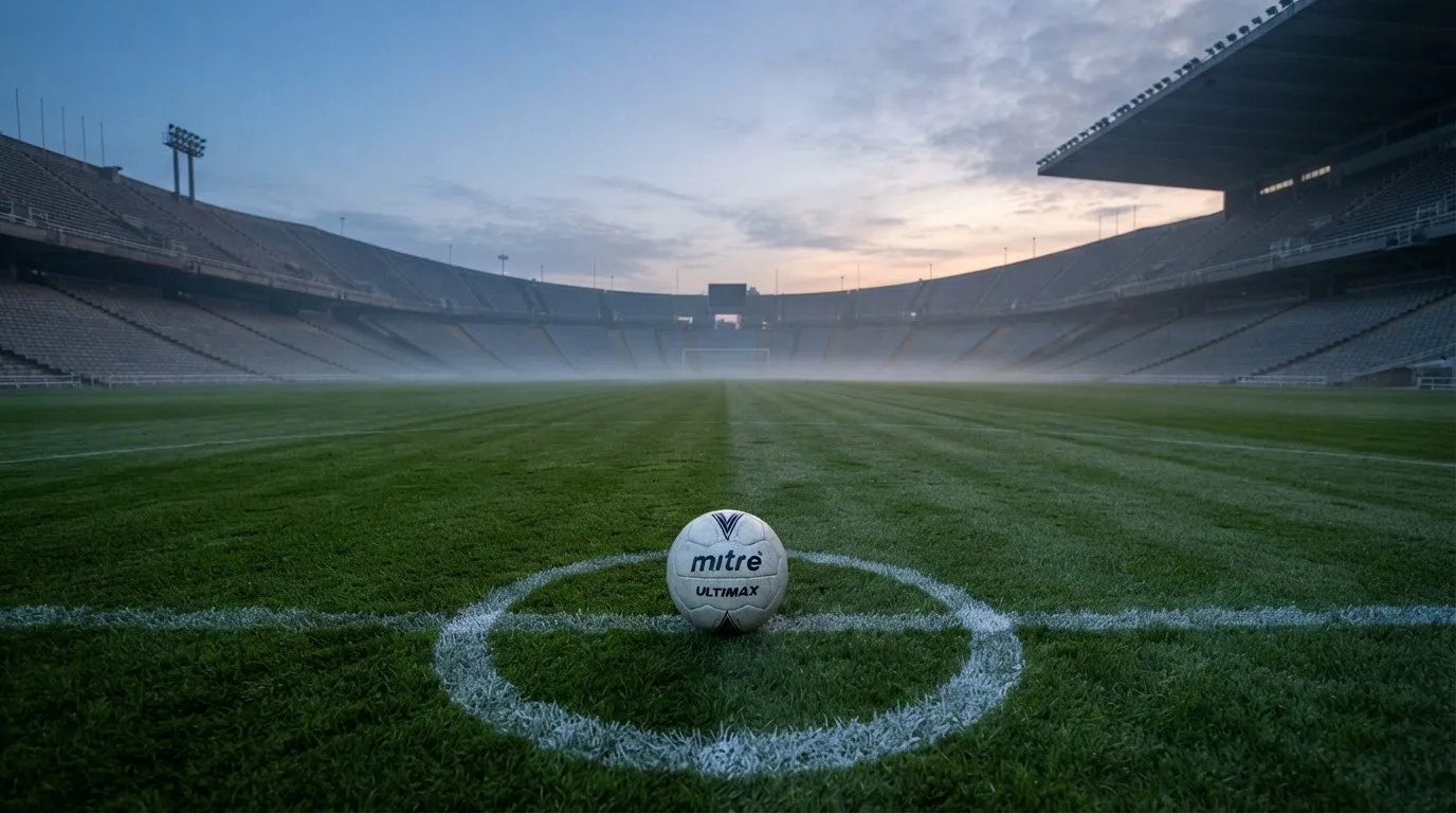 Ein Fußball liegt auf dem Anstoßpunkt eines leeren Rasenplatzes in der Morgendämmerung, im Hintergrund eine leere Tribüne.