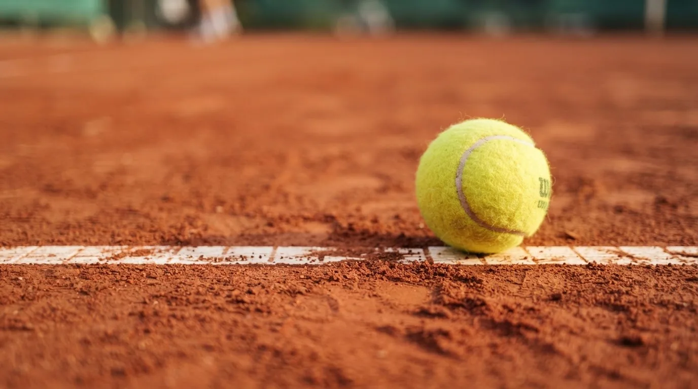 Ein einzelner Tennisball liegt auf rotem Sand neben einer weißen Linie, geringe Schärfentiefe.