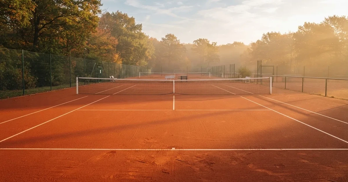 Ein Sandplatz im frühen Morgenlicht, frisch gewalzt, mit weißen Linien und einem Netz im Hintergrund, keine Menschen.
