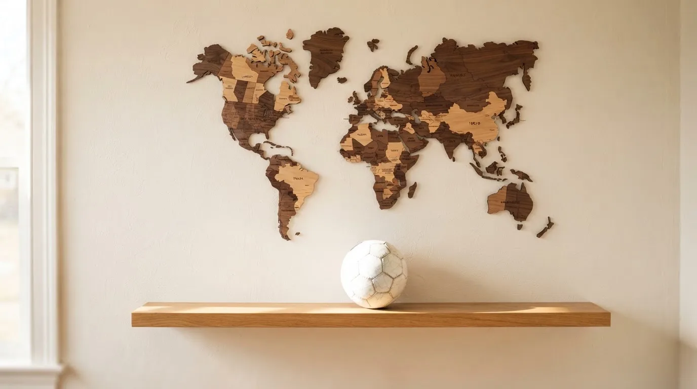 Eine Weltkarte aus Holz hängt an einer Wand, davor liegt ein Fußball auf einem Regal, ohne erkennbare Beschriftung.