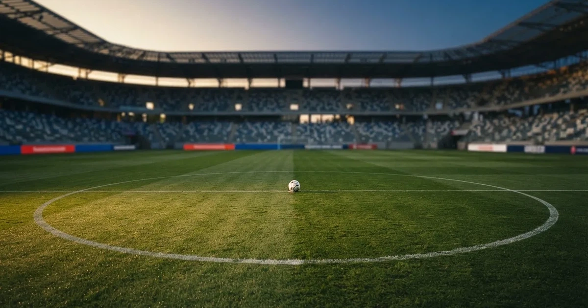 Ein Fußballplatz mit frisch gemähtem Rasen im Abendlicht, ein Ball liegt im Strafraum, im Hintergrund unscharf eine leere Tribüne.