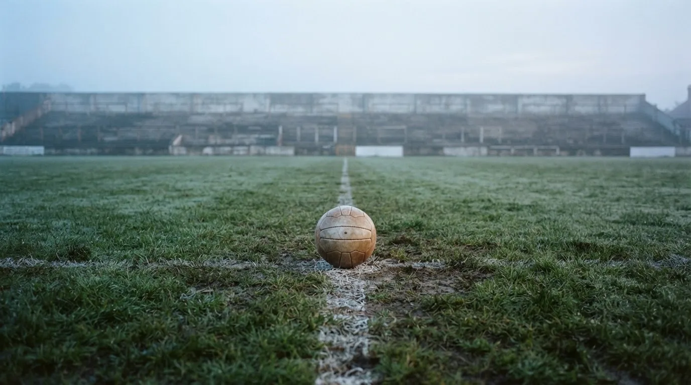 Ein Fußball liegt auf dem Anstoßpunkt eines leeren Rasenplatzes im frühen Morgenlicht, dahinter eine leere Tribüne.