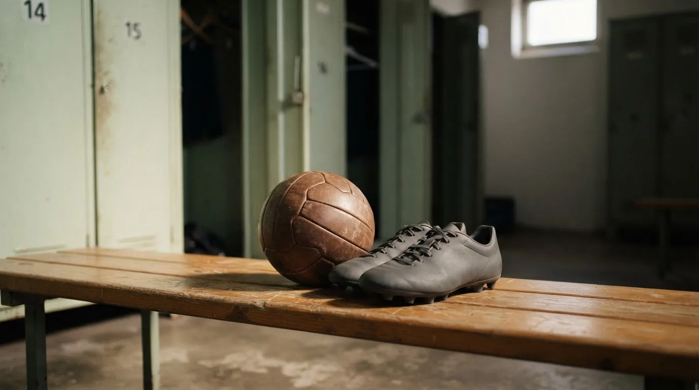 Ein Fußball liegt auf einer Holzbank in einer leeren Umkleide neben einem Paar Fußballschuhen ohne Markenzeichen.