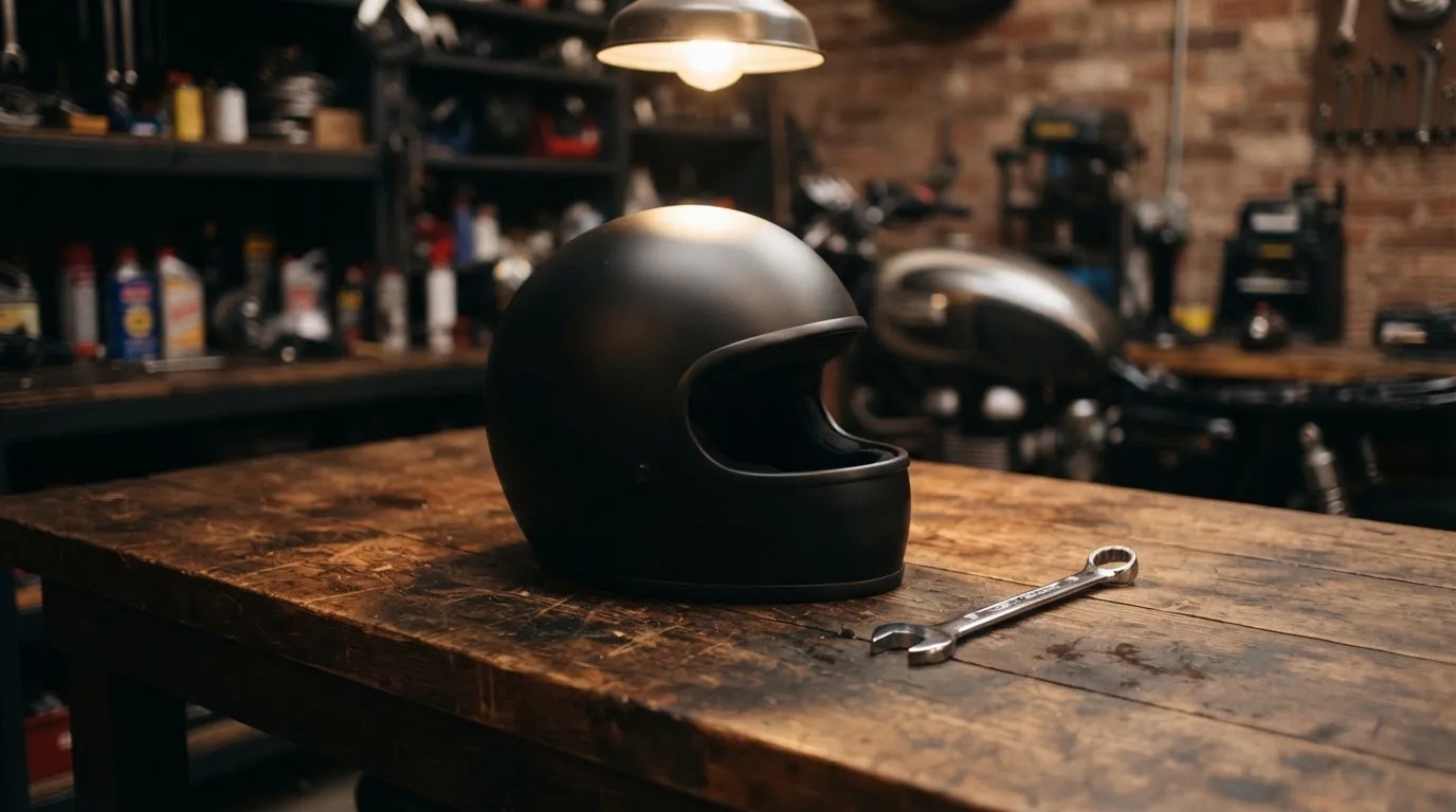 Ein schwarzer Motorradhelm ohne Aufdruck liegt auf einer Werkbank neben einem Schraubenschlüssel, warmes Licht einer Werkstatt.