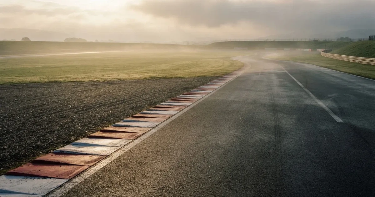 Eine leere Rennstrecke mit rot-weißen Randsteinen im frühen Morgenlicht, auf dem Asphalt liegt dünner Nebel, keine Fahrzeuge.