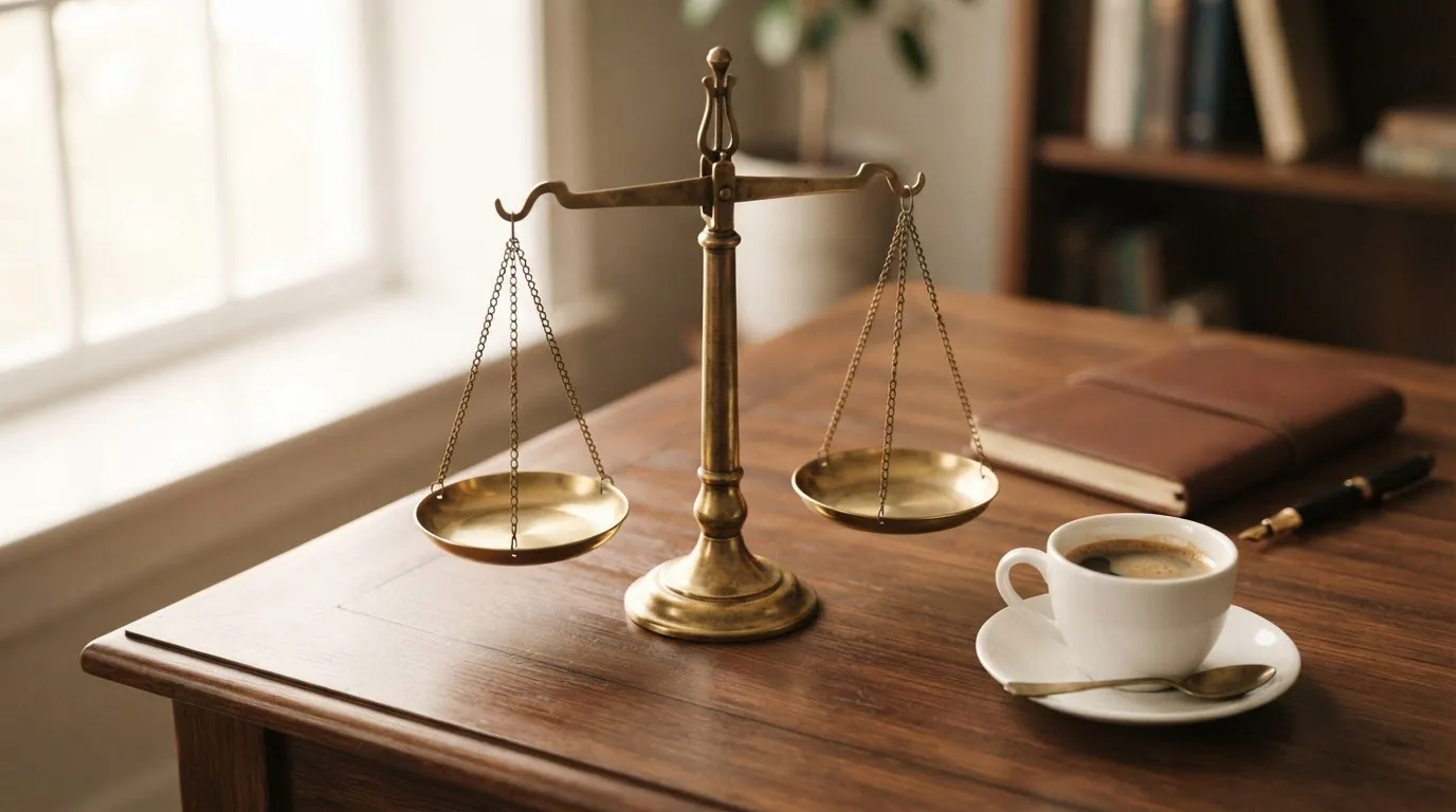 Eine Messingwaage steht auf einem Holzschreibtisch neben einer Kaffeetasse, im Hintergrund ein helles Fenster.