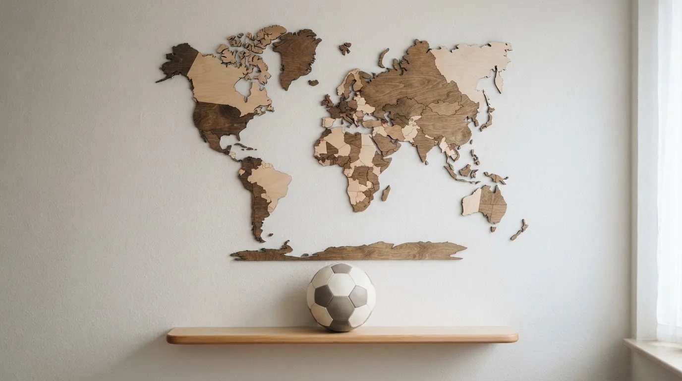 Eine Weltkarte aus Holz hängt an einer Wand, davor liegt ein Fußball auf einem Regal, ohne erkennbare Beschriftung.
