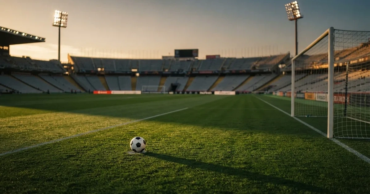 Ein Fußballplatz mit frisch gemähtem Rasen im Abendlicht, ein Ball liegt im Strafraum, im Hintergrund unscharf eine leere Tribüne.