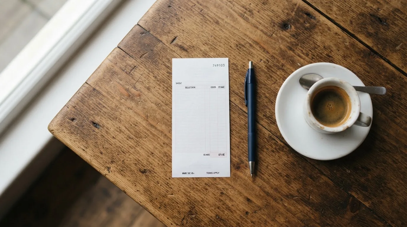Ein leerer Wettschein aus Papier liegt neben einem Kugelschreiber und einer Tasse Kaffee auf einem Holztisch, Aufnahme von oben.