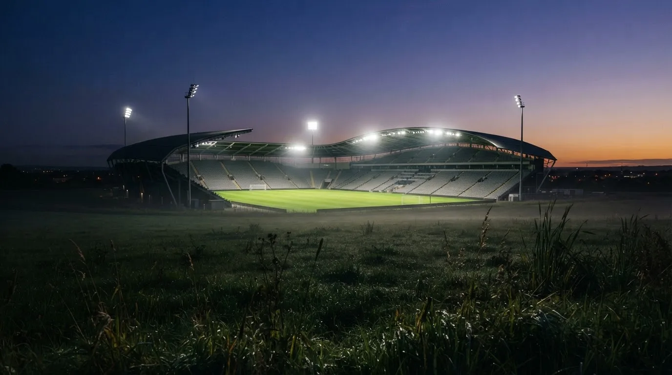 Ein großes Stadion unter Flutlicht, aus der Ferne über eine dunkle Wiese gesehen, die Lichtmasten spiegeln sich im Dunst der Abenddämmerung.