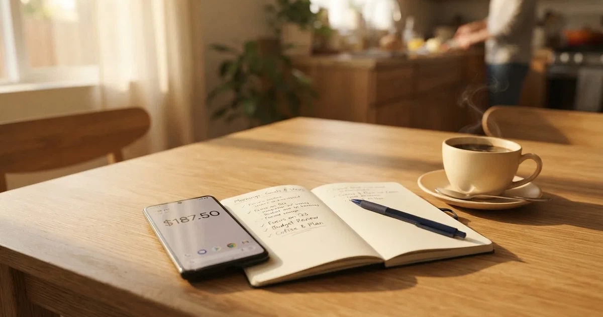Ein Smartphone mit dunklem Display liegt neben einem Notizbuch mit handschriftlichen Notizen auf einem hellen Holztisch, daneben eine Tasse Kaffee im Morgenlicht.