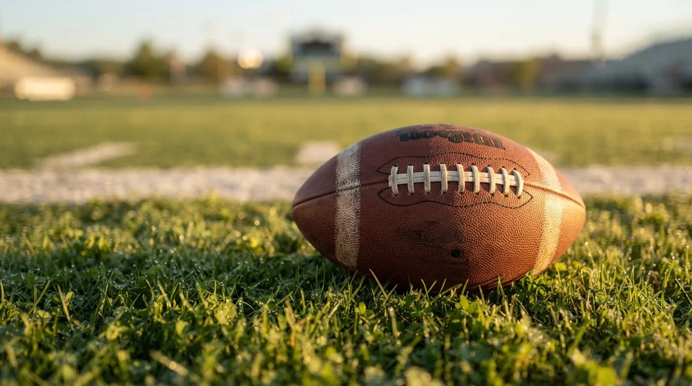 Ein ovaler Lederball mit heller Schnürung liegt auf dem Rasen vor der Endzone, Tau auf dem Gras im ersten Morgenlicht.