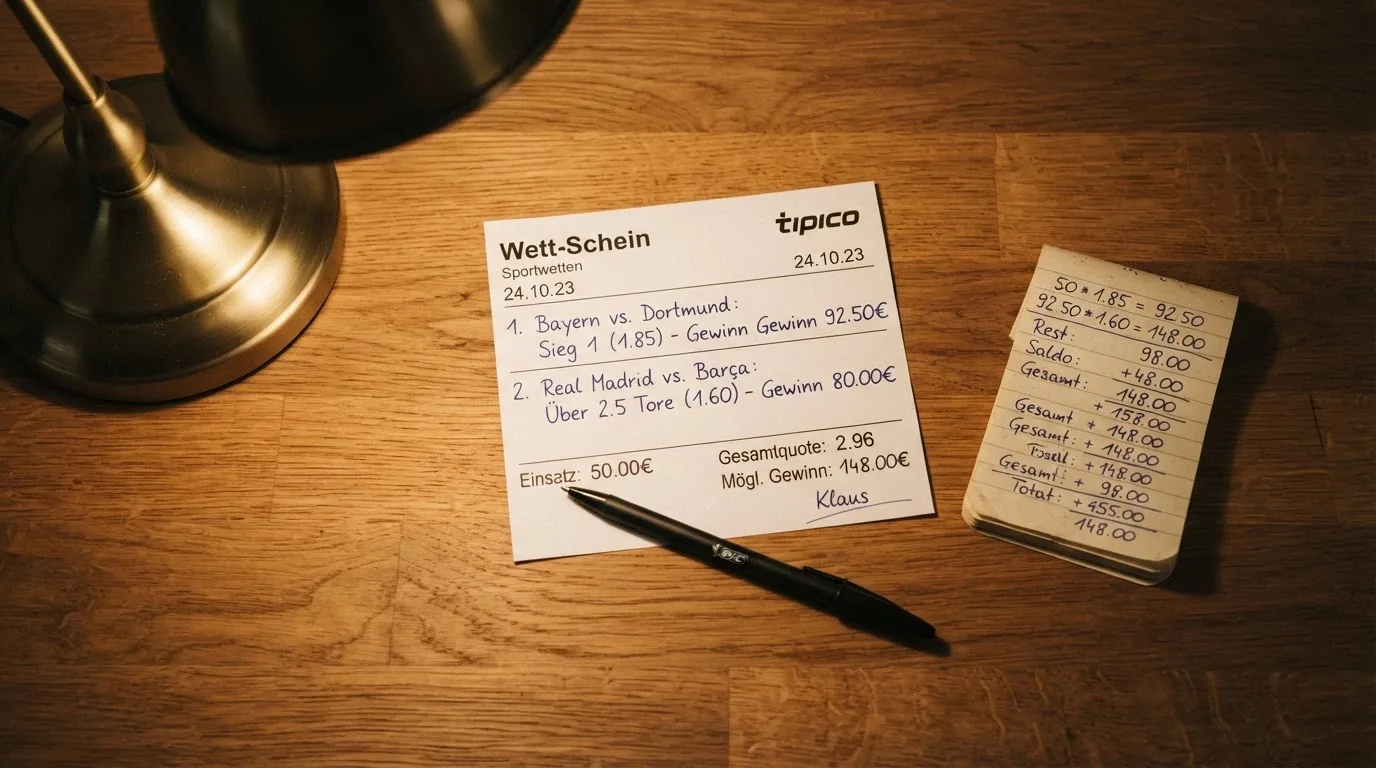 Ein leerer Papierwettschein, ein Kugelschreiber und ein Taschenrechner liegen auf einem Holztisch, warmes Licht einer Schreibtischlampe.