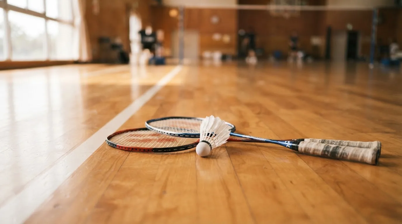 Zwei Badmintonschläger und ein Federball liegen auf einem Holzboden neben der Seitenlinie, weiches Licht fällt von der Seite ein.