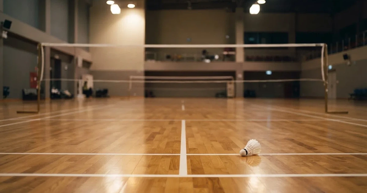 Eine leere Badmintonhalle mit gespanntem Netz und hellen Hallenlichtern, ein Federball liegt auf dem Hallenboden.