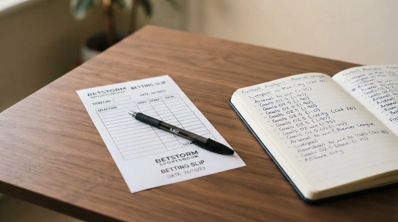 Ein leerer Papierwettschein und ein Kugelschreiber auf einer glatten Schreibtischplatte, daneben ein aufgeschlagenes Notizbuch mit handschriftlichen Notizen.