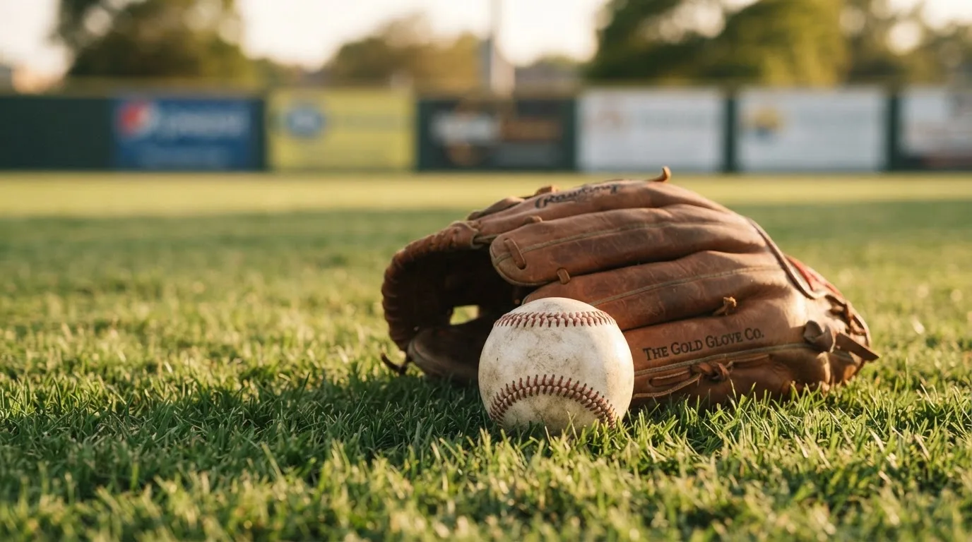 Ein weißer Baseball und ein Lederhandschuh liegen auf kurz geschnittenem Gras, im Hintergrund eine verschwommene Spielfeldbande.