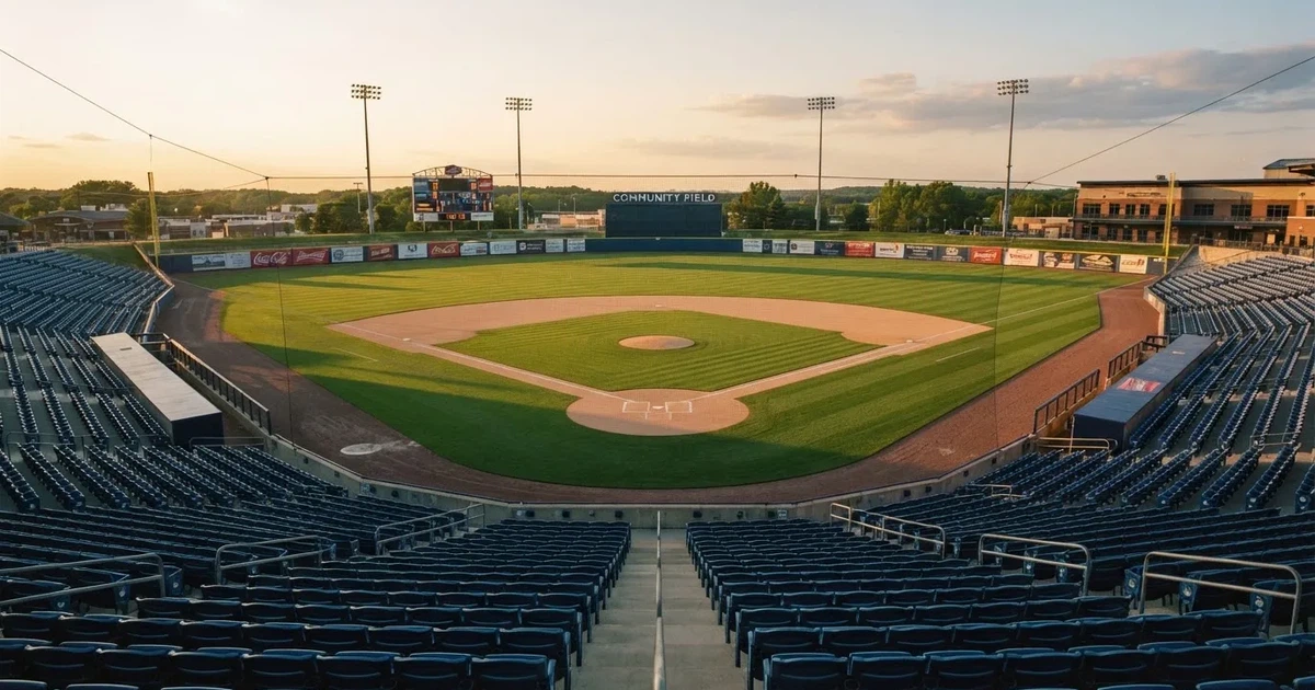 Ein Baseballfeld mit dem hellbraunen Infield und gepflegtem Rasen, von der Tribüne aus gesehen, die Ränge leer, tiefe Abendsonne.
