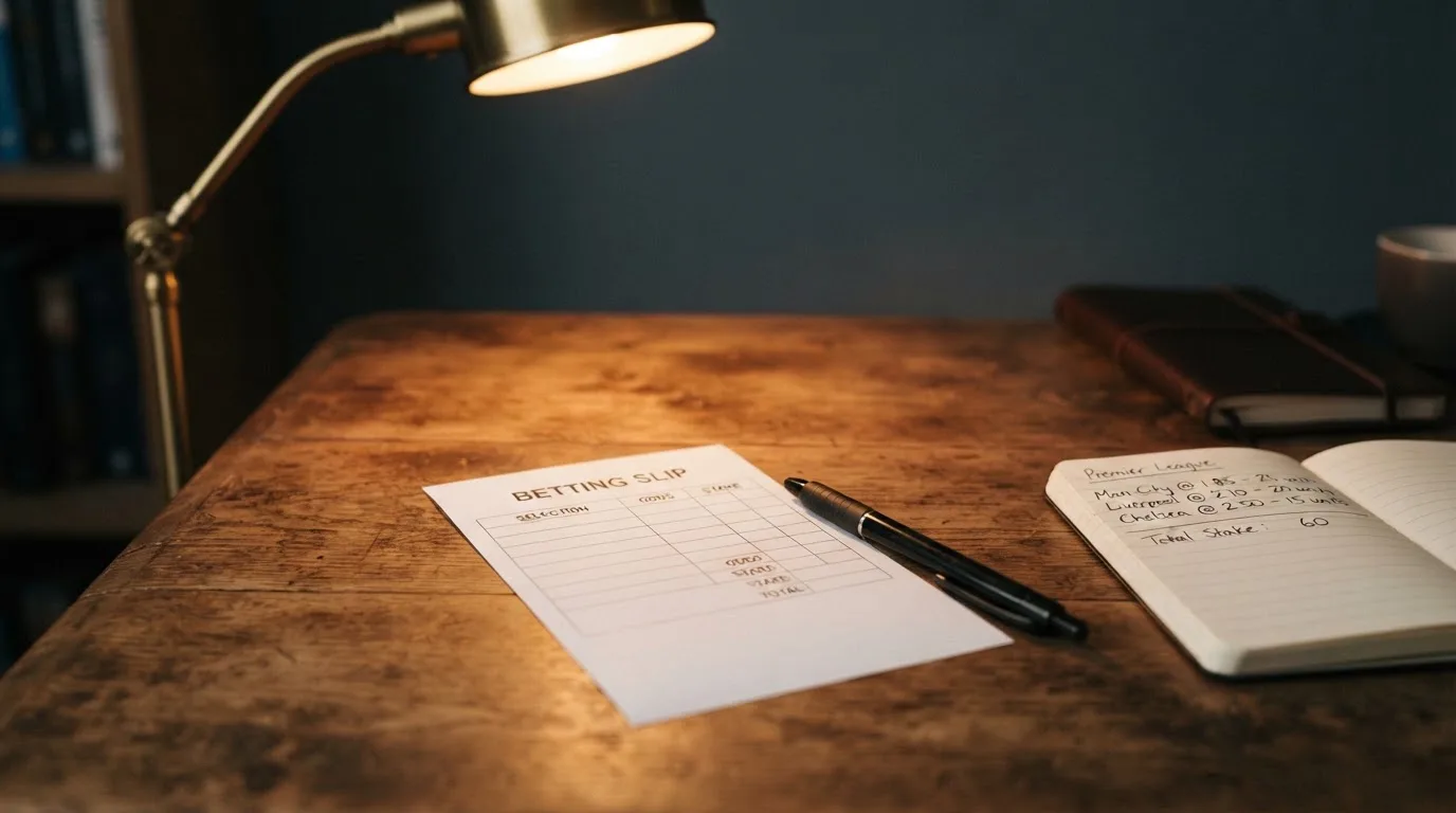 Ein leerer Papierwettschein, ein Kugelschreiber und ein Taschenrechner liegen auf einem Holztisch, warmes Licht einer Schreibtischlampe.