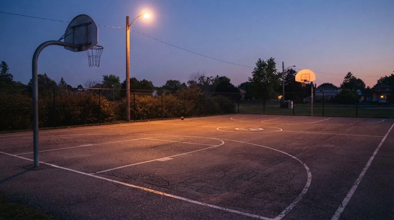 Ein Freiluft-Basketballplatz am Abend mit Asphalt, Linien und zwei Körben unter einer Straßenlaterne.