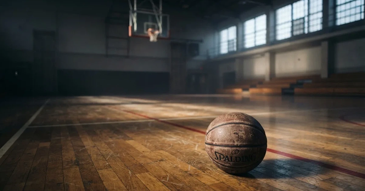 Ein Basketball liegt unter dem Korb auf dem Parkett einer leeren Sporthalle, Licht fällt durch hohe Fenster.