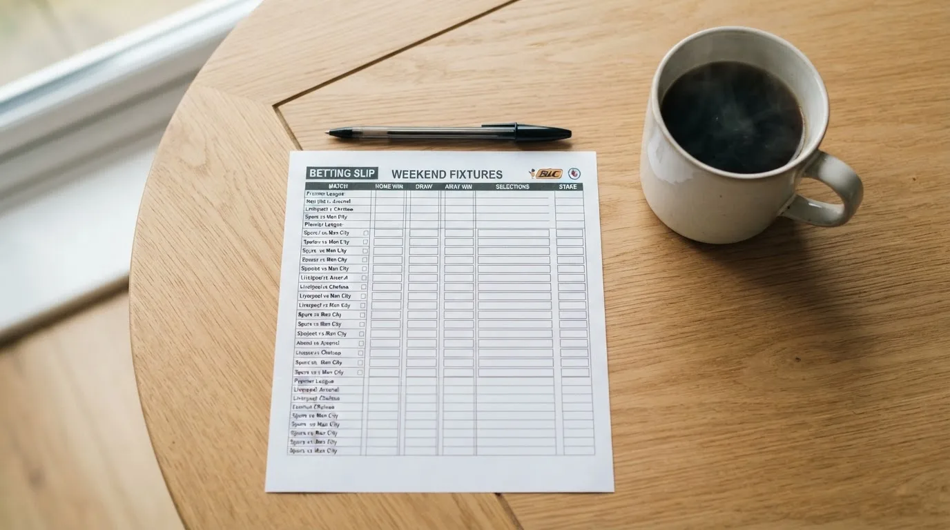 Ein leerer Wettschein aus Papier liegt neben einem Kugelschreiber und einer Tasse auf einem hellen Holztisch.