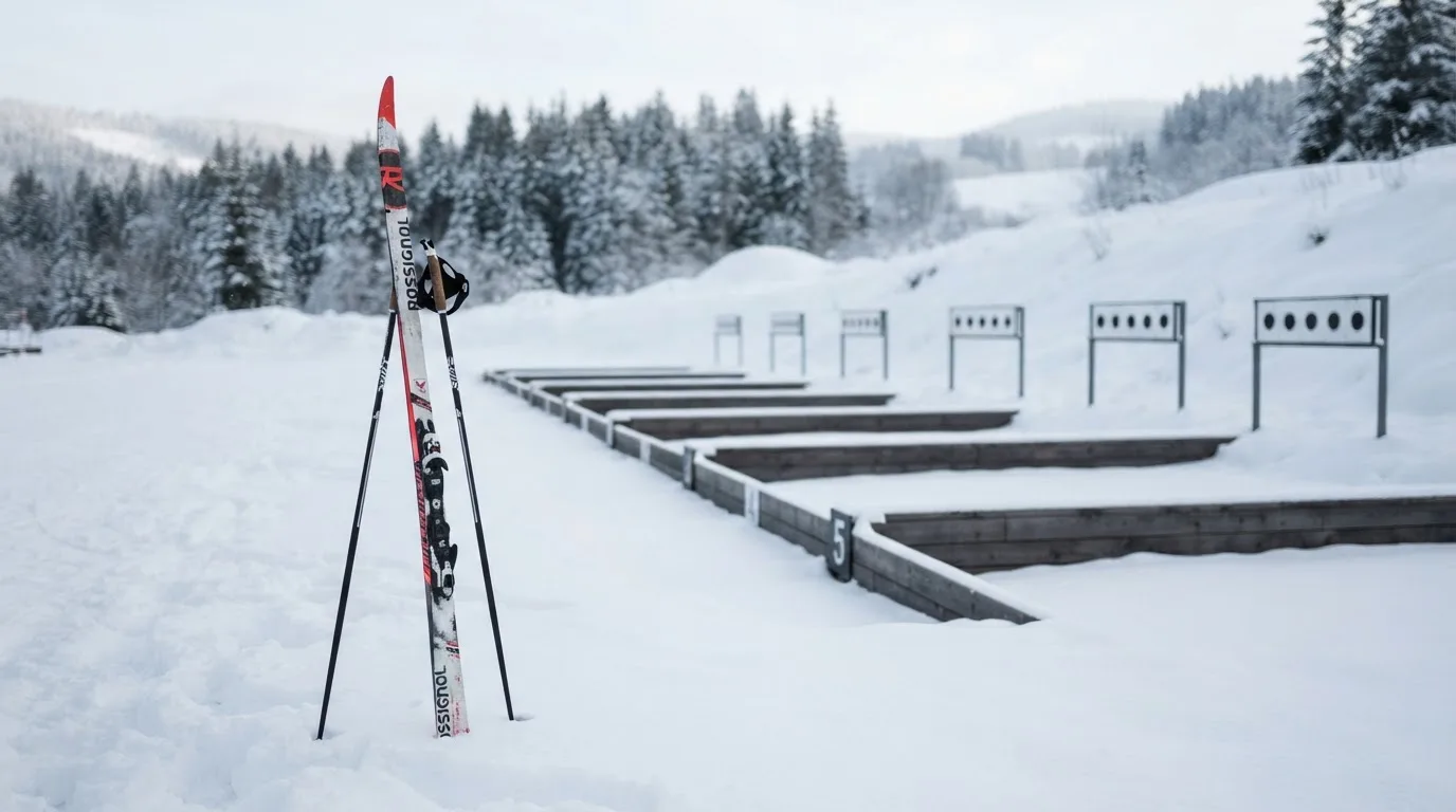 Ein Paar Langlaufskier steckt aufrecht im Schnee neben einem leeren Schießstand mit runden Zielscheiben, kaltes Winterlicht.