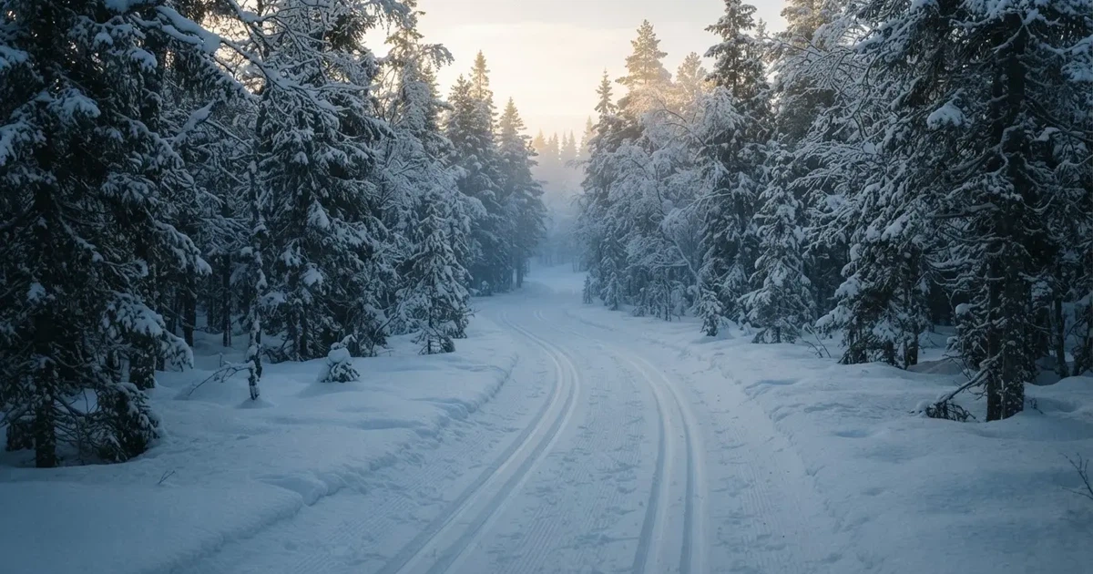 Eine verschneite Loipe zwischen Fichten im Morgenlicht, frische Spuren im Schnee, kein Mensch zu sehen.
