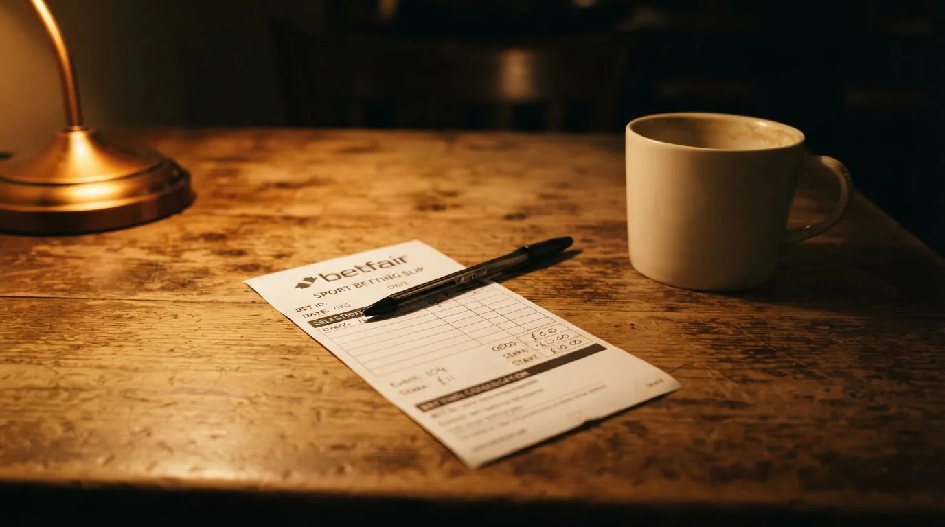 Ein leerer Papierwettschein und ein Kugelschreiber liegen auf einem Holztisch neben einer Tasse, warmes Licht einer Lampe.
