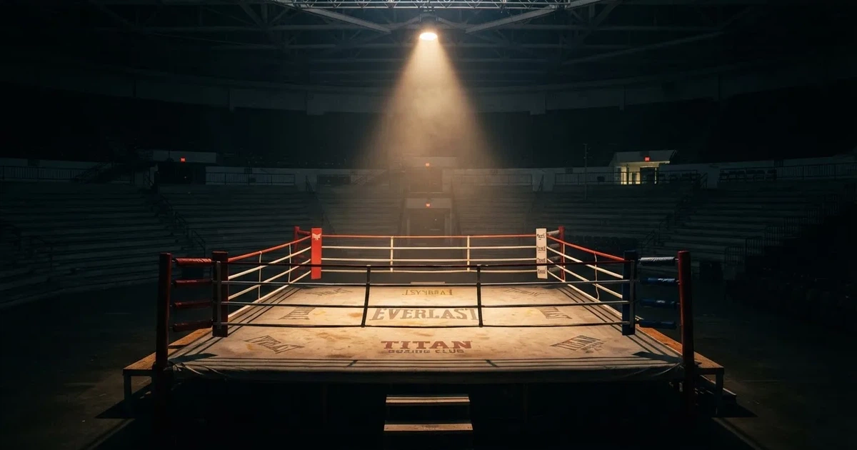 Ein Boxring mit gespannten Seilen in einer leeren Halle, ein einzelner Scheinwerfer leuchtet von oben auf die Ringmatte.