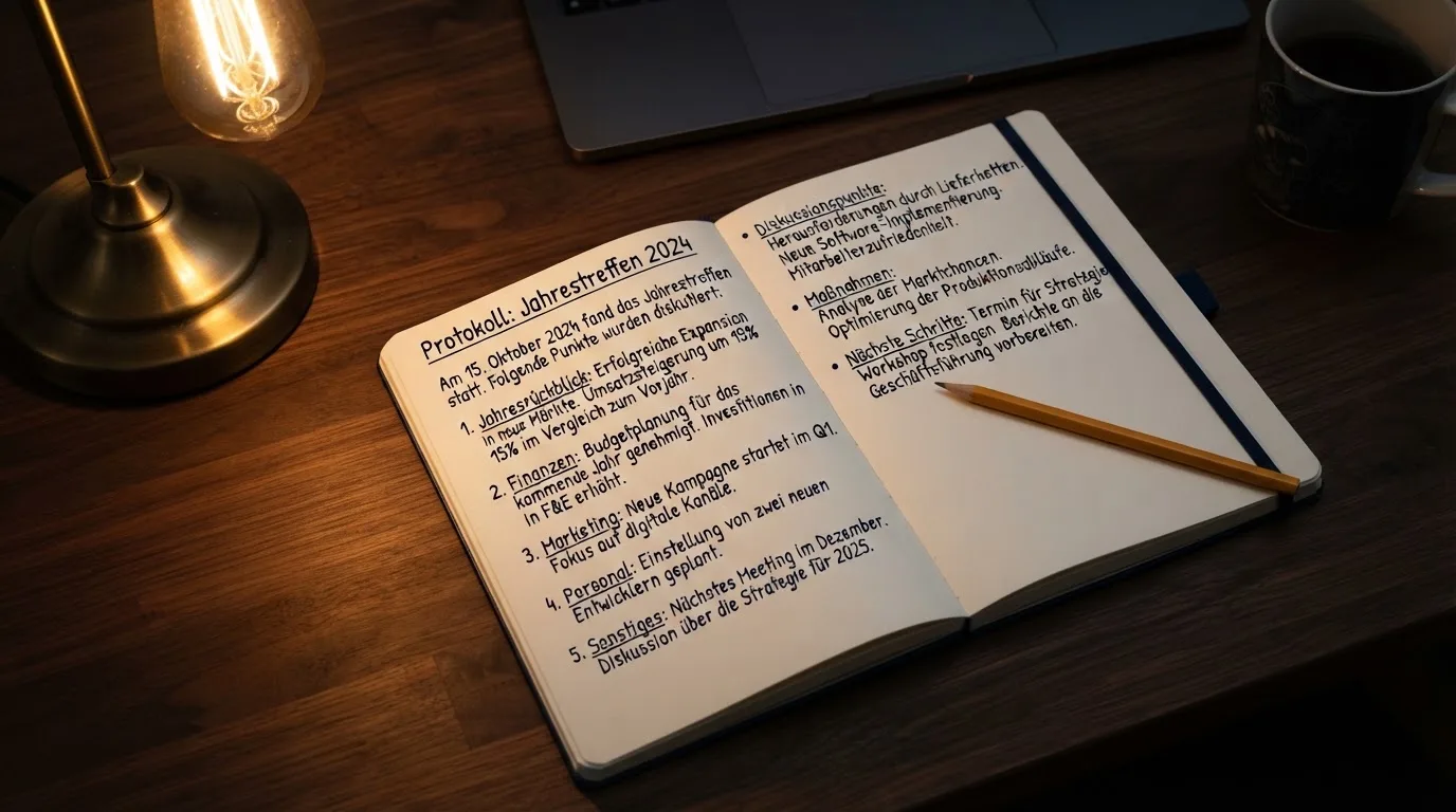 Ein Notizbuch mit handschriftlichen Notizen und ein Bleistift liegen neben einer Tischlampe auf einem Schreibtisch, ruhiges Abendlicht.