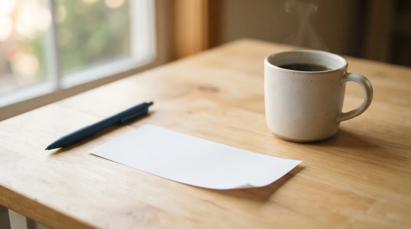 Ein leerer Wettschein aus Papier liegt neben einem Kugelschreiber und einer Tasse auf einem hellen Holztisch.