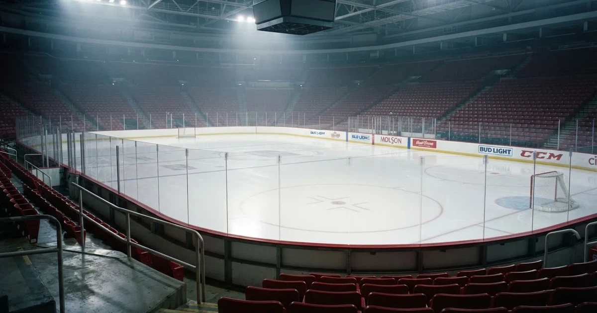 Eine Eishockeyhalle von der Tribüne aus gesehen, spiegelglatte Eisfläche, Banden ohne Schriftzüge, helles Flutlicht.