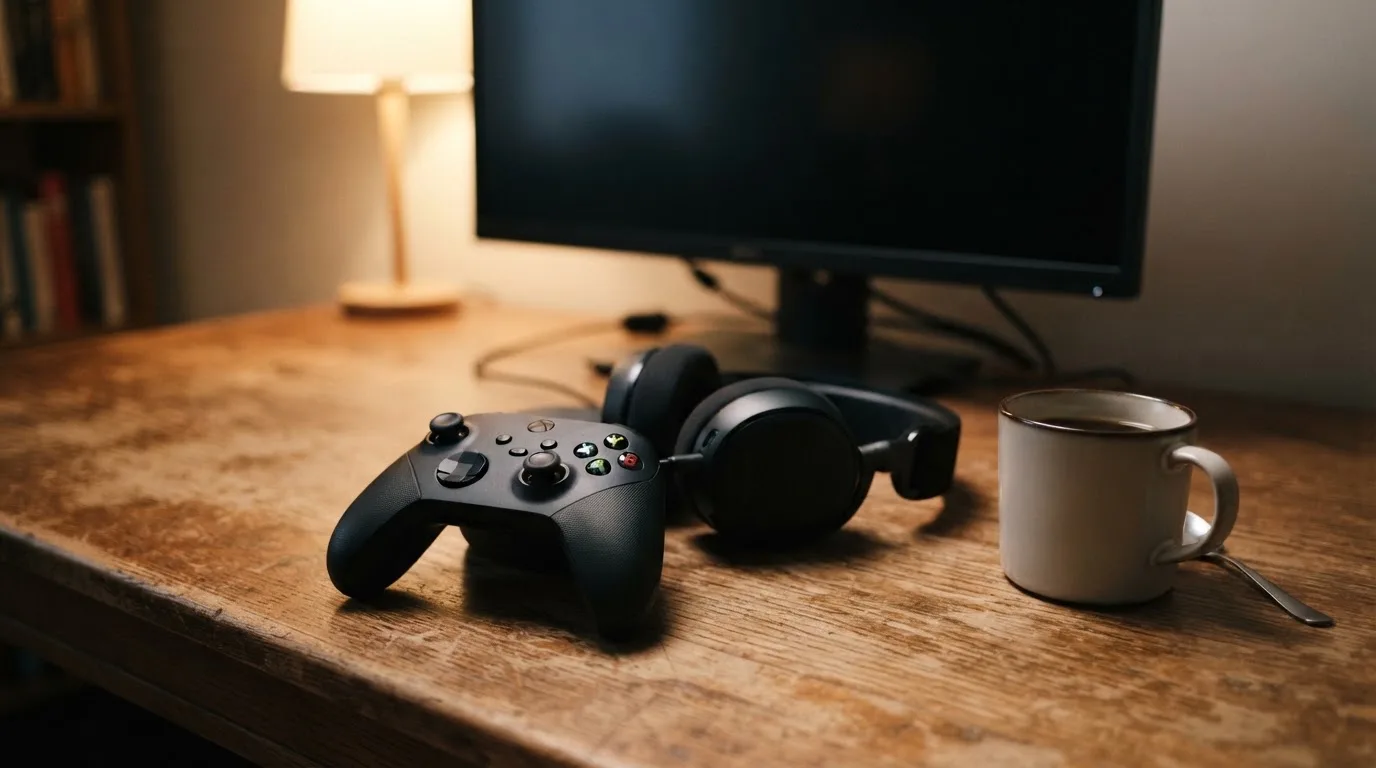 Ein Gamepad und ein Headset liegen auf einem Schreibtisch neben einer Tasse, der Bildschirm im Hintergrund ist ausgeschaltet.