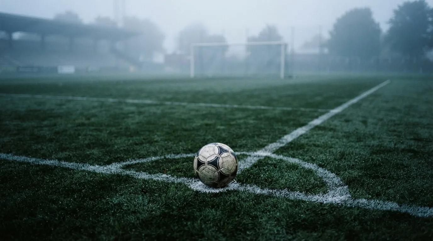 Ein Fußball liegt auf dem Elfmeterpunkt eines leeren Rasenplatzes, im Hintergrund unscharf ein Tor im Morgendunst.