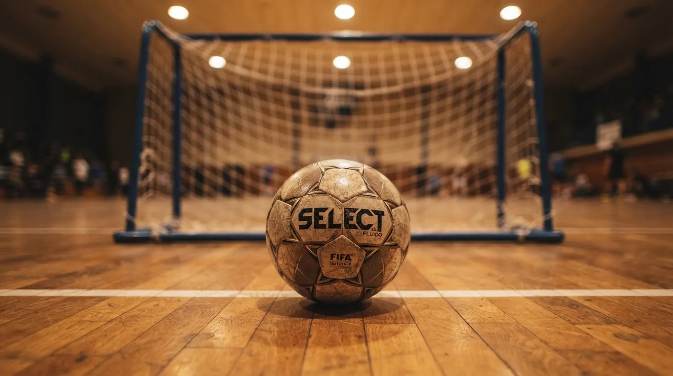 Ein kleiner schwerer Ball liegt in einer Halle auf dem Parkett vor einem Tor, warmes Licht aus den Deckenstrahlern.