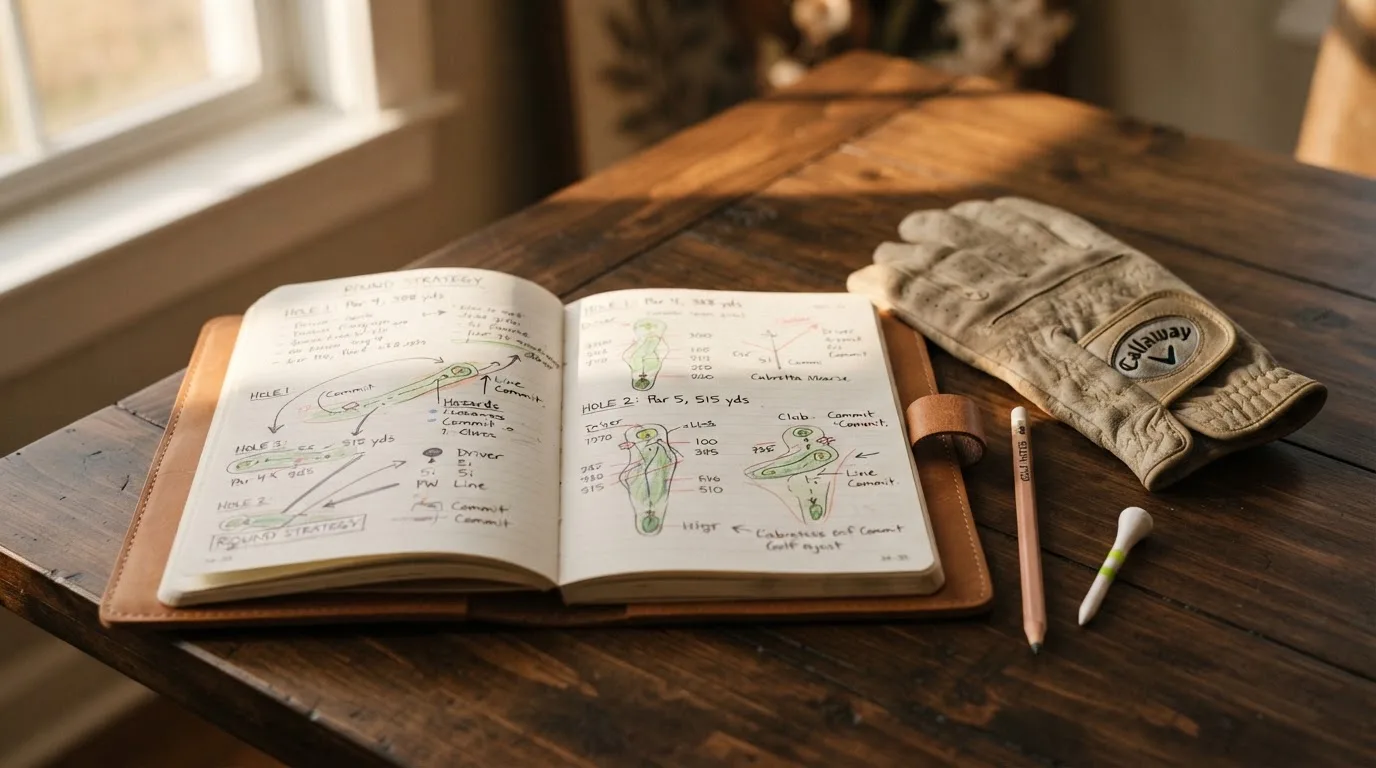 Ein Notizbuch mit handschriftlichen Notizen und ein Bleistift liegen neben einem Golfhandschuh und einem Tee auf einem Holztisch.