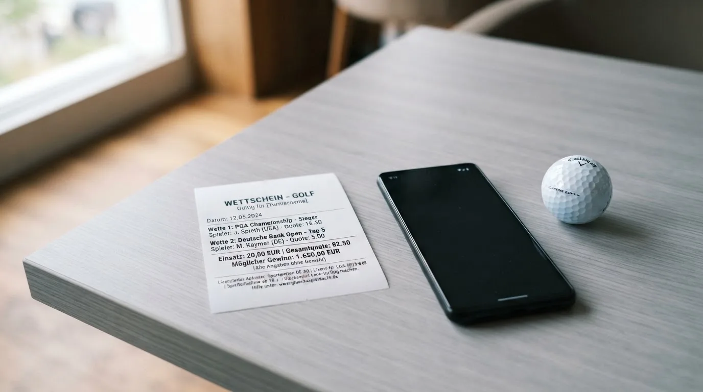 Ein leerer Wettschein aus Papier liegt neben einem Smartphone mit dunklem Display auf einem Tisch, daneben ein einzelner Golfball.