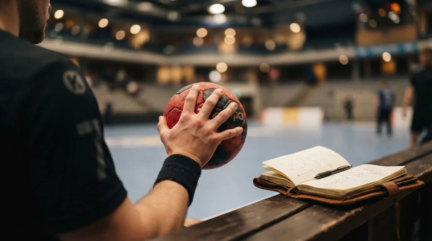 Eine Hand hält einen Handball, im Hintergrund eine unscharfe Tribüne, daneben liegt ein Notizblock auf einer Bank.