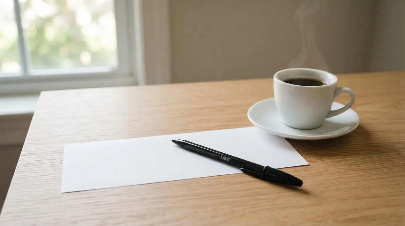 Ein leerer Wettschein aus Papier und ein Kugelschreiber liegen auf einem Schreibtisch neben einer Tasse Kaffee im Tageslicht.