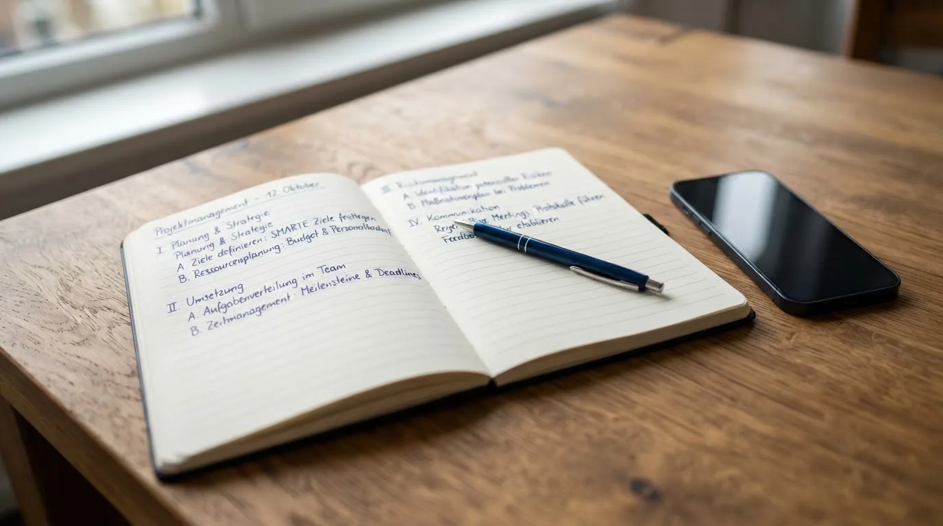 Ein Notizbuch mit handschriftlichen Notizen und ein Stift liegen auf einem Holztisch neben einem Smartphone mit dunklem Bildschirm.