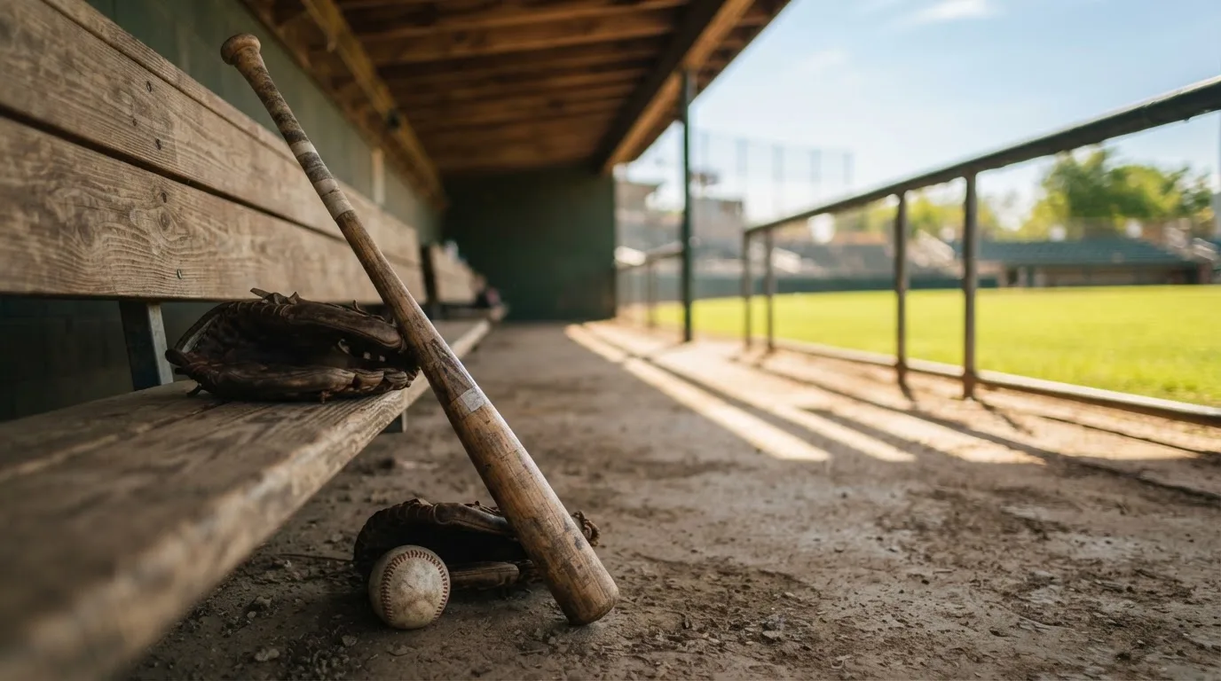 Ein Baseballschläger lehnt an einer Bank im Dugout, daneben liegen ein Handschuh und ein Ball im Licht der Nachmittagssonne.