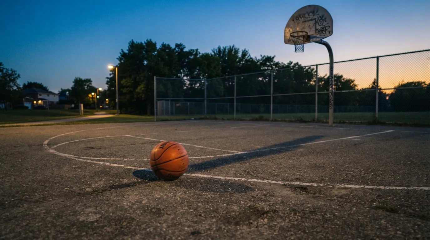 Ein Basketball rollt auf einem Freiluftplatz in der Abenddämmerung zu einem Korb, die Straßenlaternen leuchten bereits.
