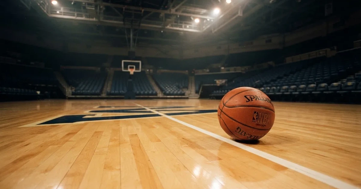 Ein Basketball liegt auf dem Parkettboden einer leeren Arena, Scheinwerfer werfen Licht auf die Mittellinie.