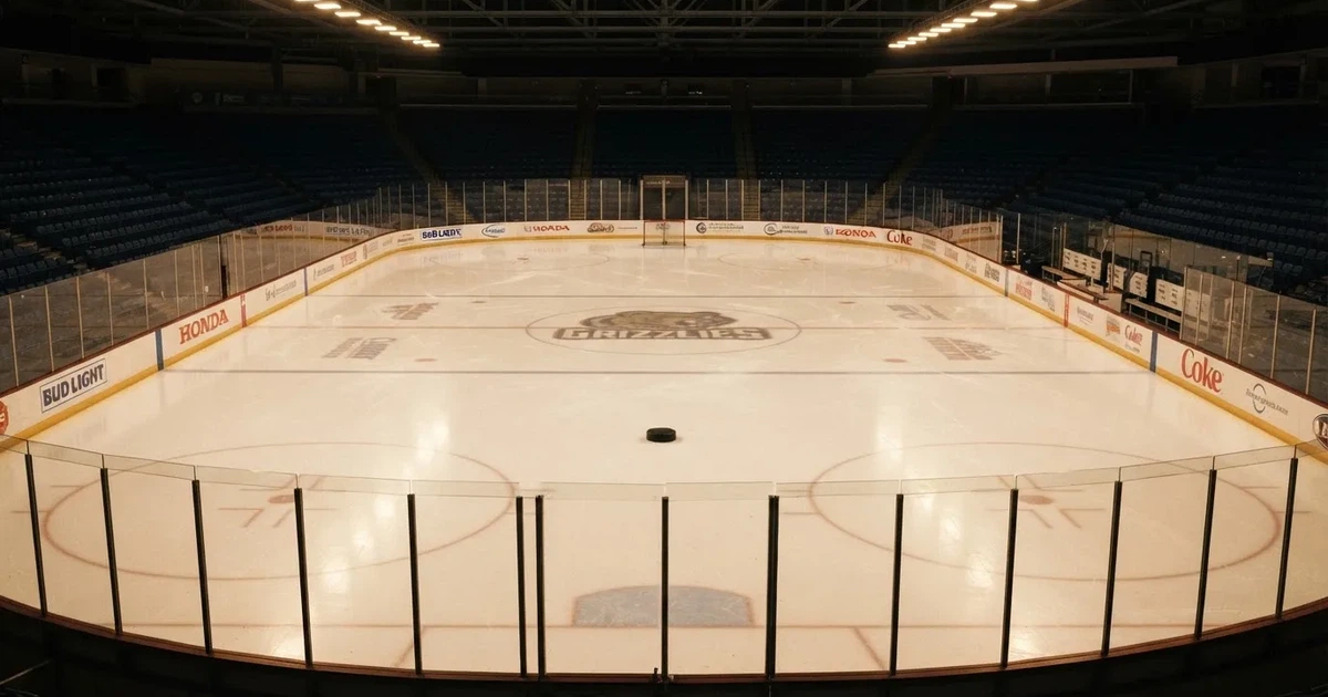 Eine leere Eisfläche in einer Halle mit Banden und Flutlicht, auf dem Eis liegt ein einzelner Puck.