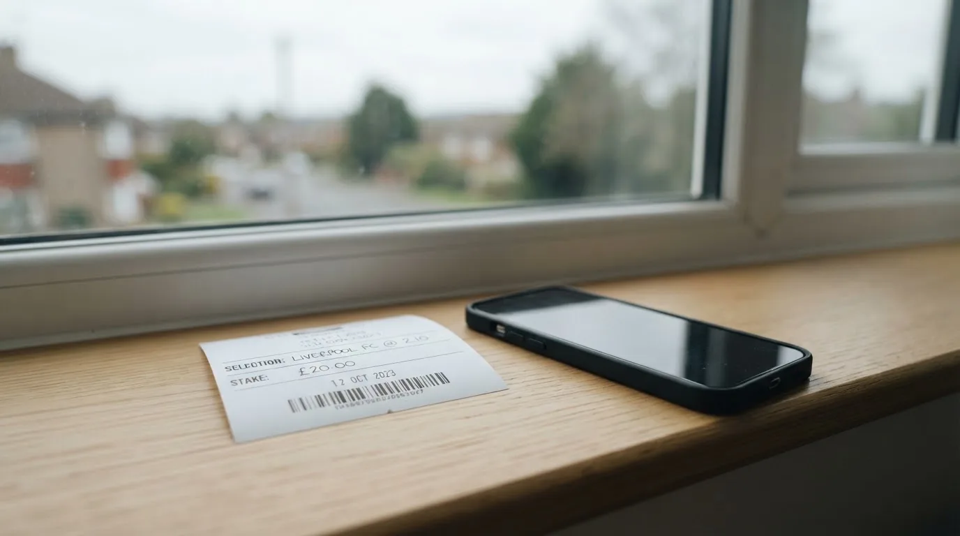 Ein leerer Wettschein aus Papier und ein Smartphone mit dunklem Display liegen auf einer Fensterbank im Tageslicht.