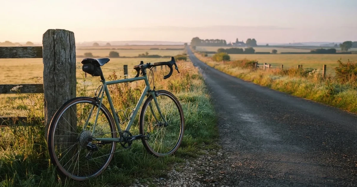 Eine Landstraße zwischen Feldern im Morgenlicht, am Straßenrand lehnt ein Rennrad ohne Aufschrift an einem Pfosten.