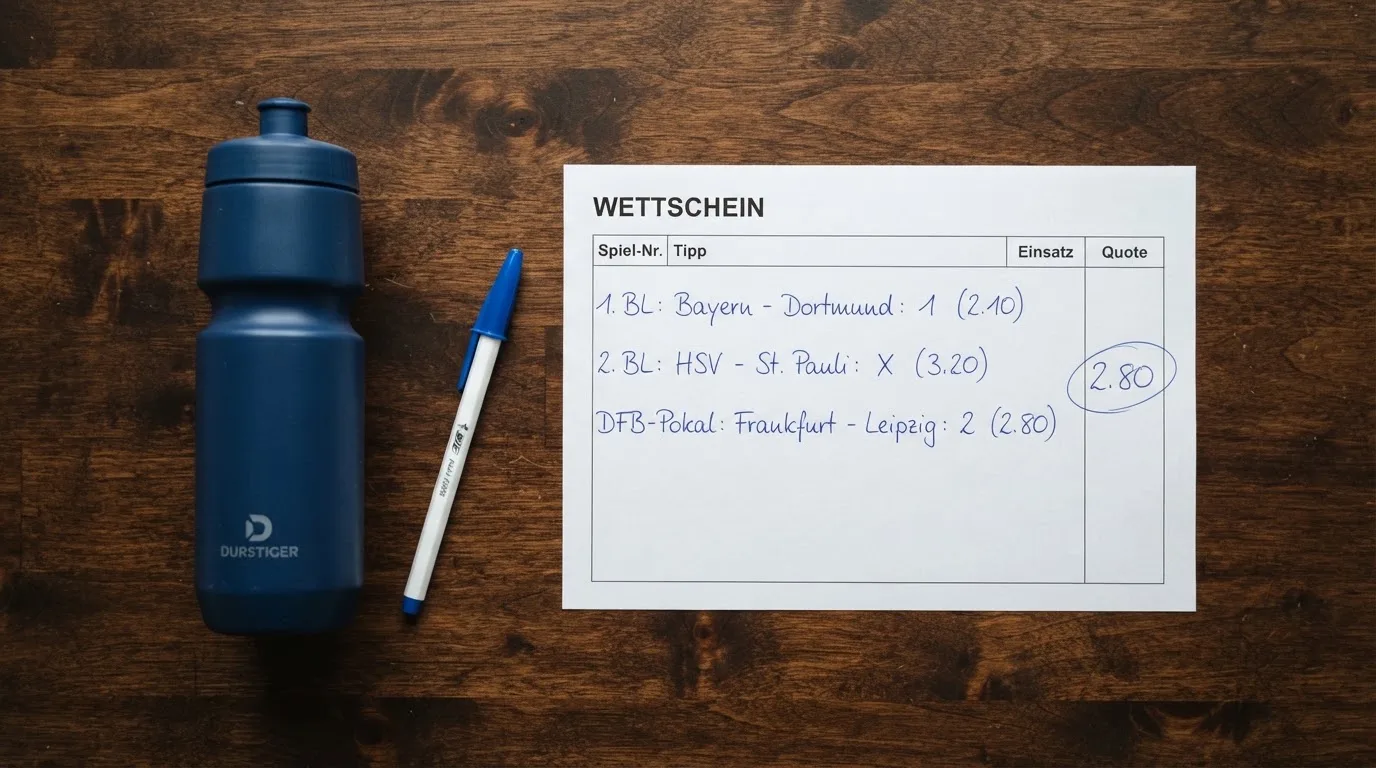 Ein leerer Wettschein aus Papier liegt neben einer Trinkflasche und einem Stift auf einem Tisch.